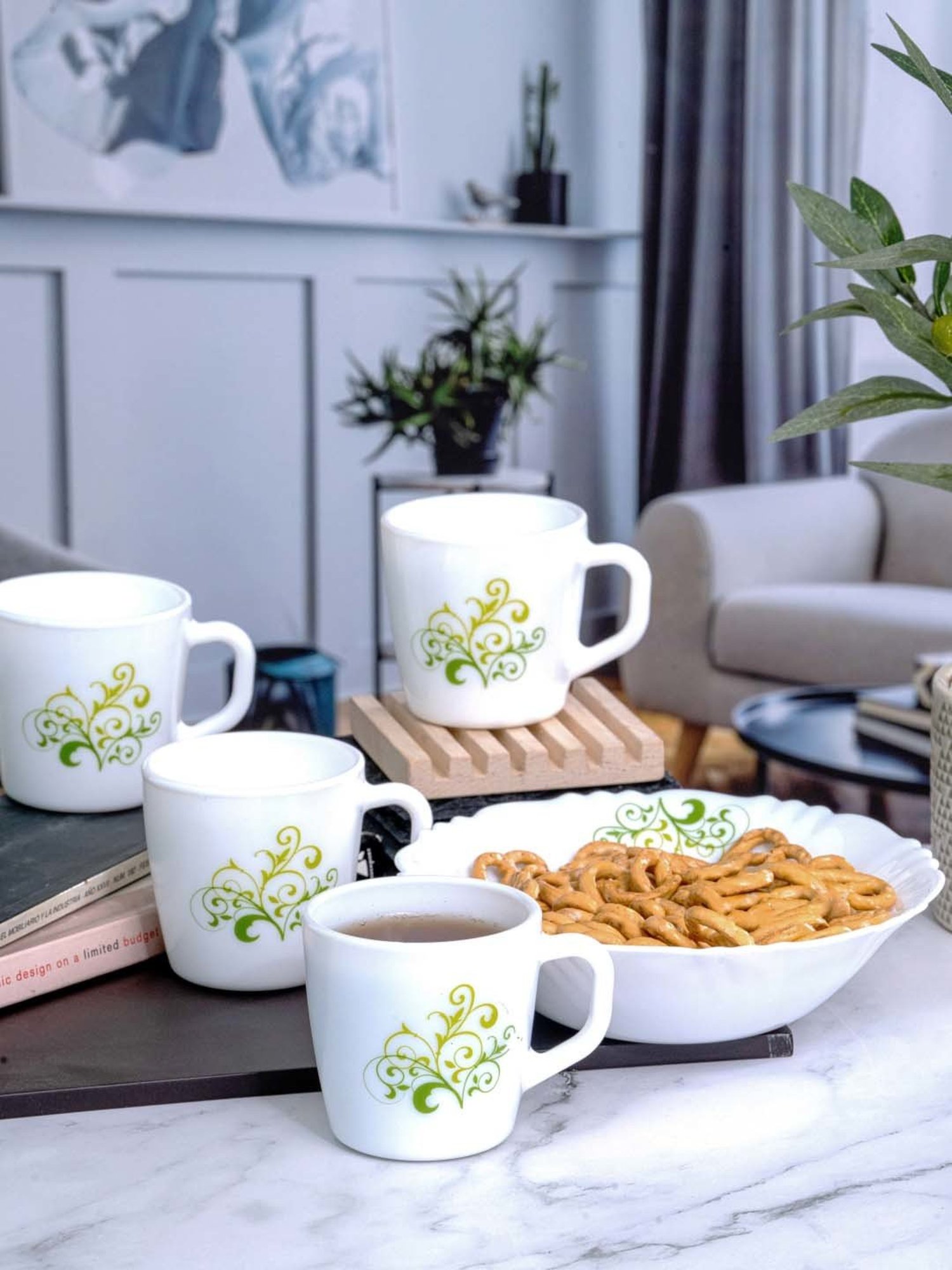 Cello White Opalware 4 Ricca Mug & 1 Bowl  (0.18 L)