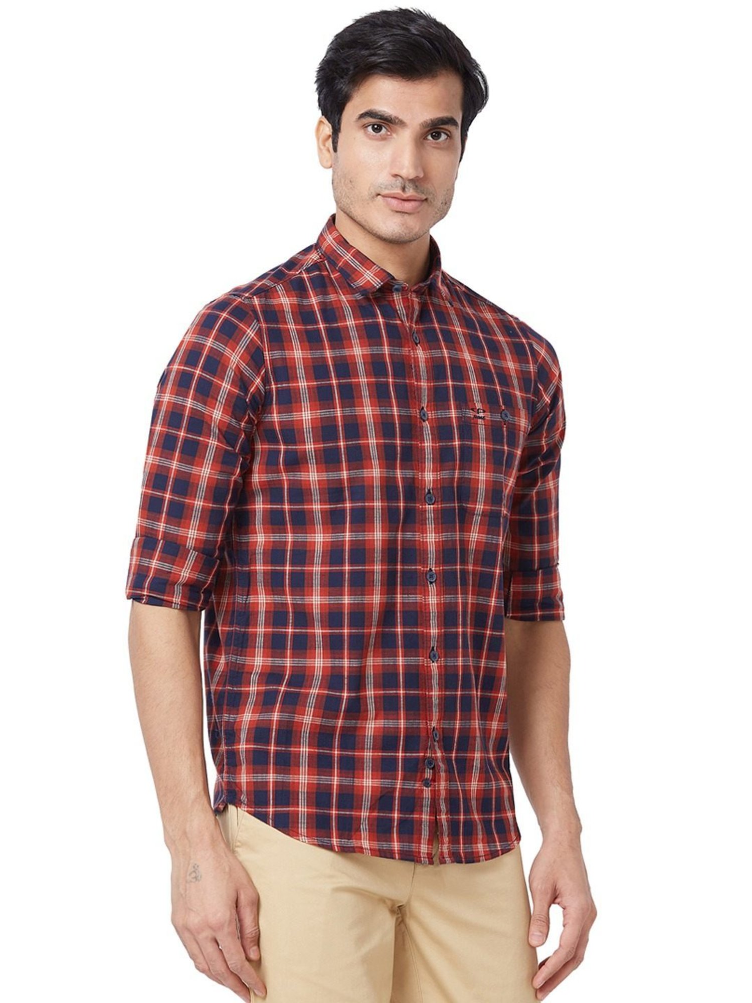 ColorPlus Red Cotton Contemporary Fit Checks Shirt