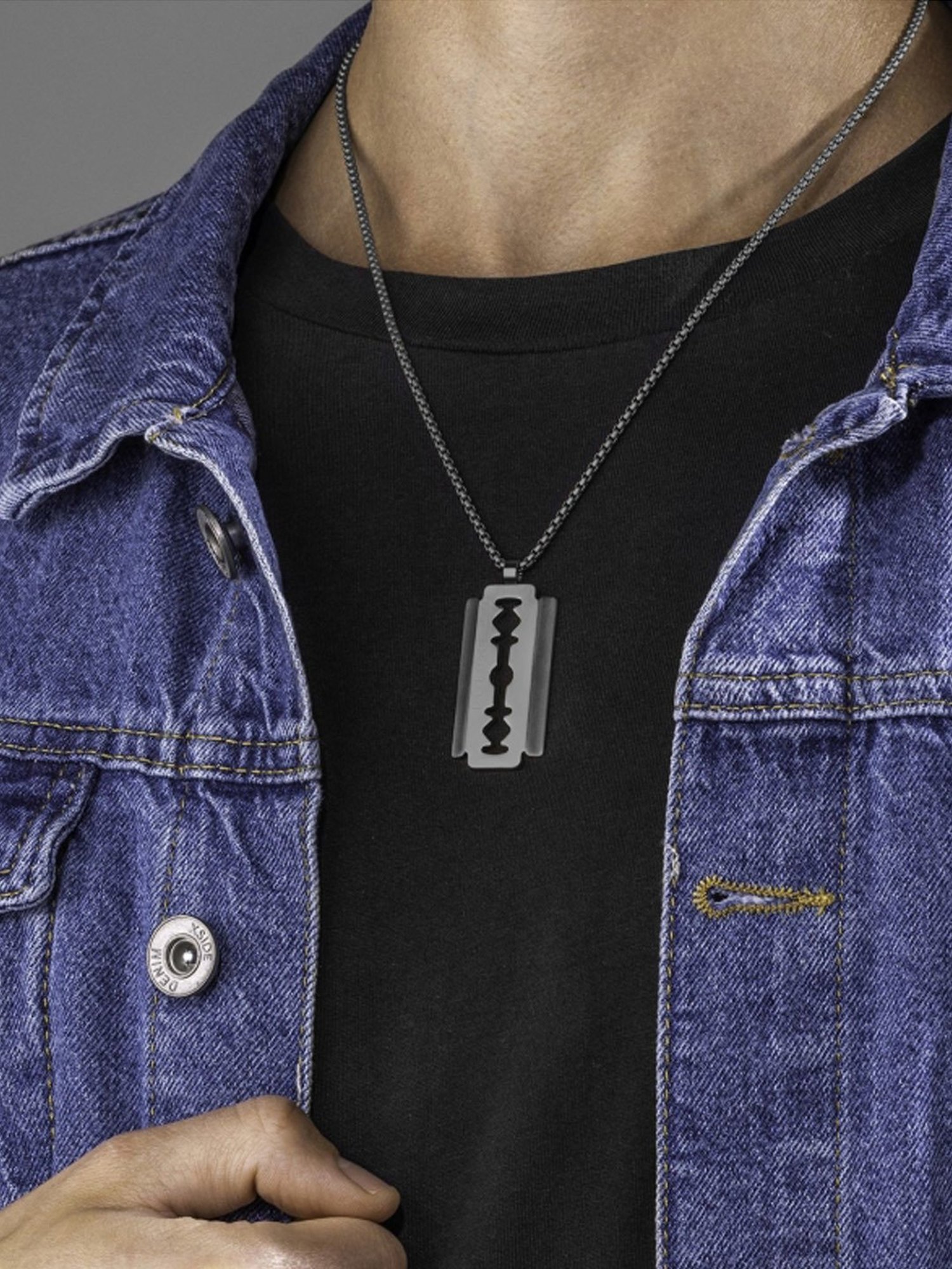 Police Silver-Plated Razorblade Brushed Grey Necklace for Men
