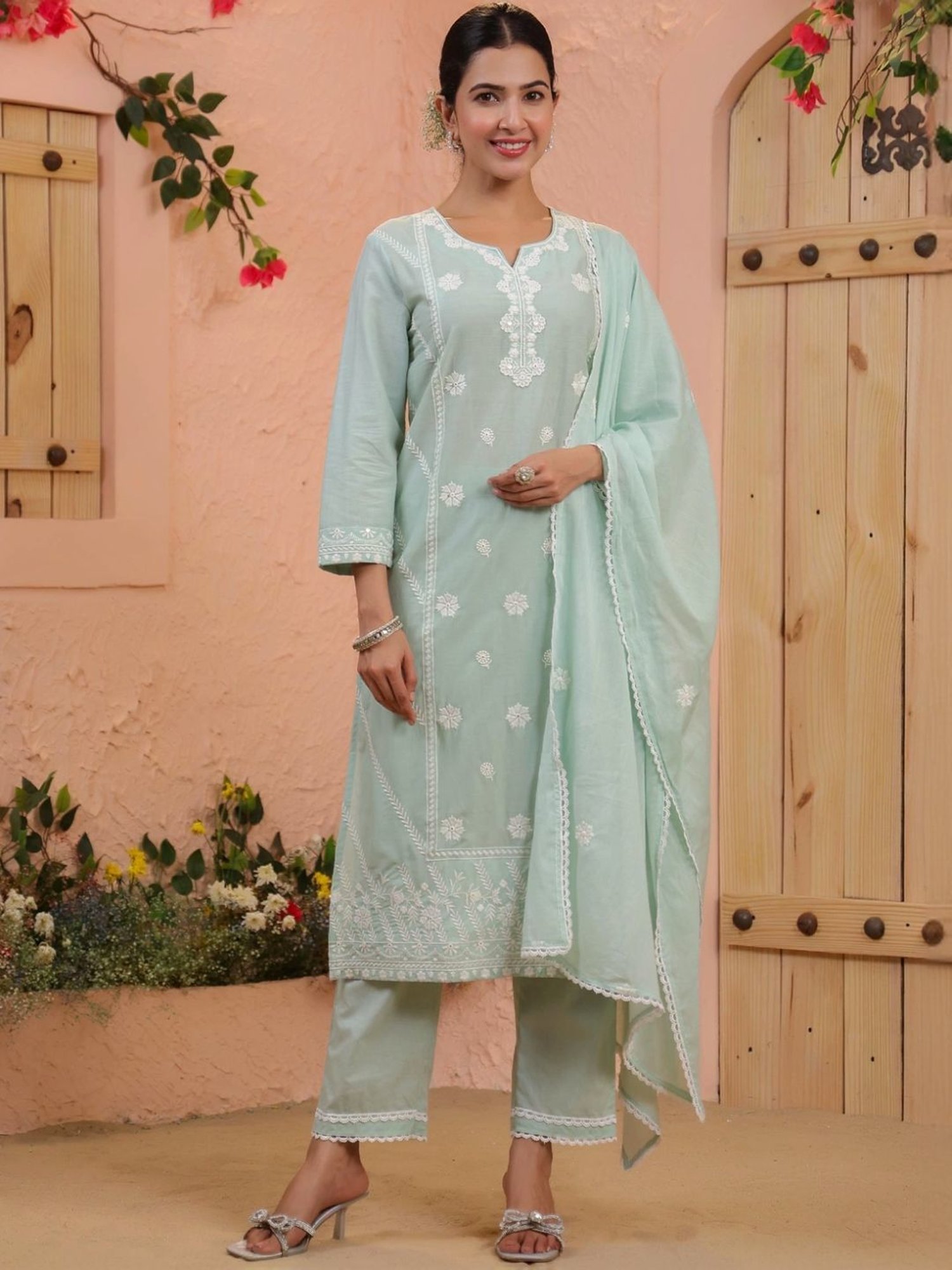 Scakhi Pista Green Cottom Embroidered and Beadwork Kurta and Pant With Dupatta