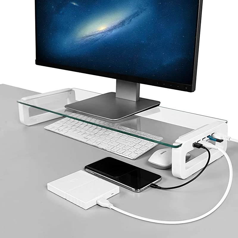 Stand Riser, 4-Port USB 3.0 Hub Tempered Glass Riser Quick Charge 5Gbps High-Speed Transfer Data Desk Organizer Keyboard & Mouse Storage with USB Cable for Laptop PC MacBook,White