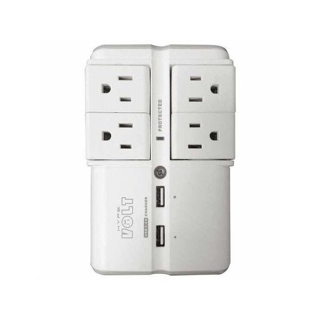 Hype 90-Degree Swivel Design Outlet Surge Protector with 2 USB Ports - White