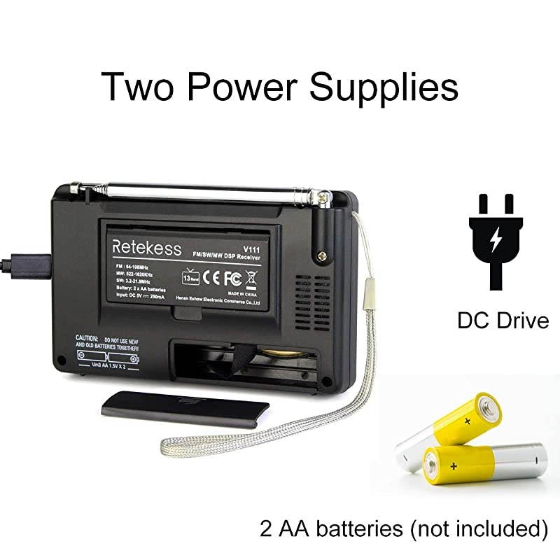 V111 Portable AM FM Shortwave Radio Alarm Clock Battery Operated AA Battery with Earphones Jack Sleep Timer for TravelBlack