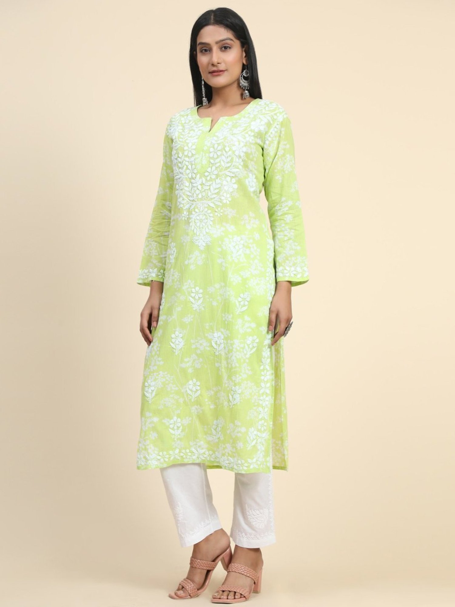 House Of Kari Noor Printed Emb Kurta in Mul-Yellow Green