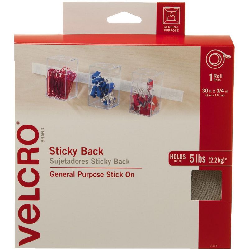 VELCRO Brand Hook and Loop Sticky Back Tape Roll, 30 Feet x 3/4 Inch, White