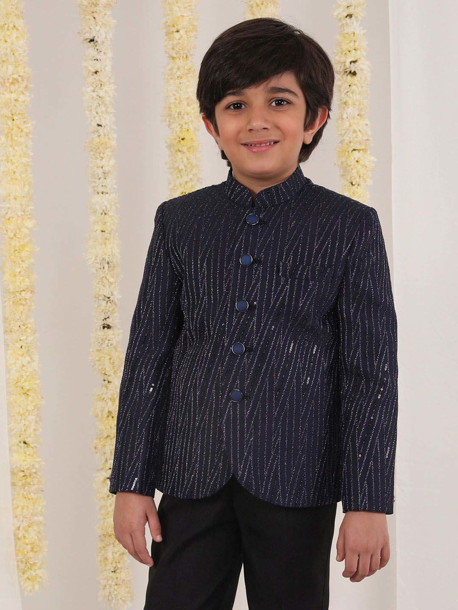 VASTRAMAY Boys Navy Sequence Full Sleeves Indowestern