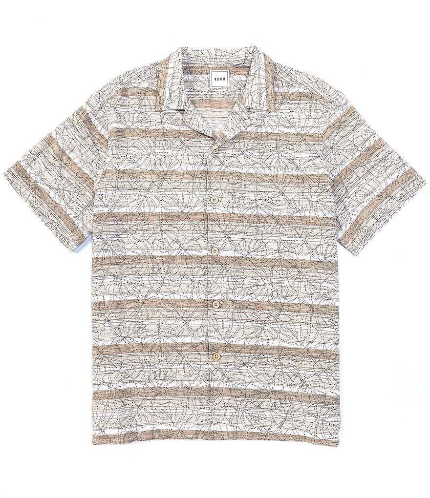 Rowm Short Sleeve Palm Printed Stripe Camp Shirt