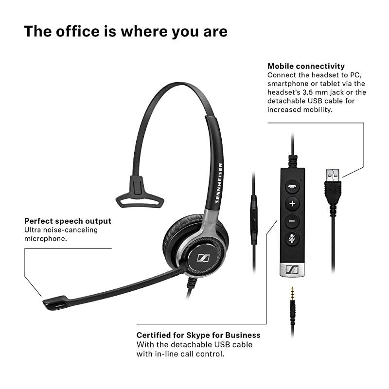 SC 635 USB 507254 SingleSided Business Headset | UC Optimized and Skype for Business Certified | For Mobile Phone Tablet Softphone and PC Black