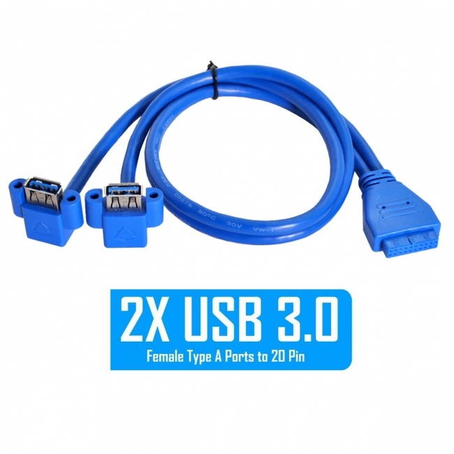 Cablecc Up Angled USB 3.0 A Type Dual Female to Motherboard 20Pin 19 Pin Box Header Slot Panel Mount Cable 50cm