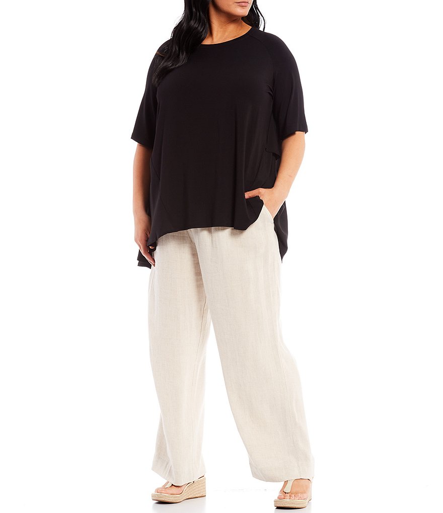 John Mark Plus Size Crew Neck Raglan Short Sleeve Chiffon Back Hi-Low Hem Top