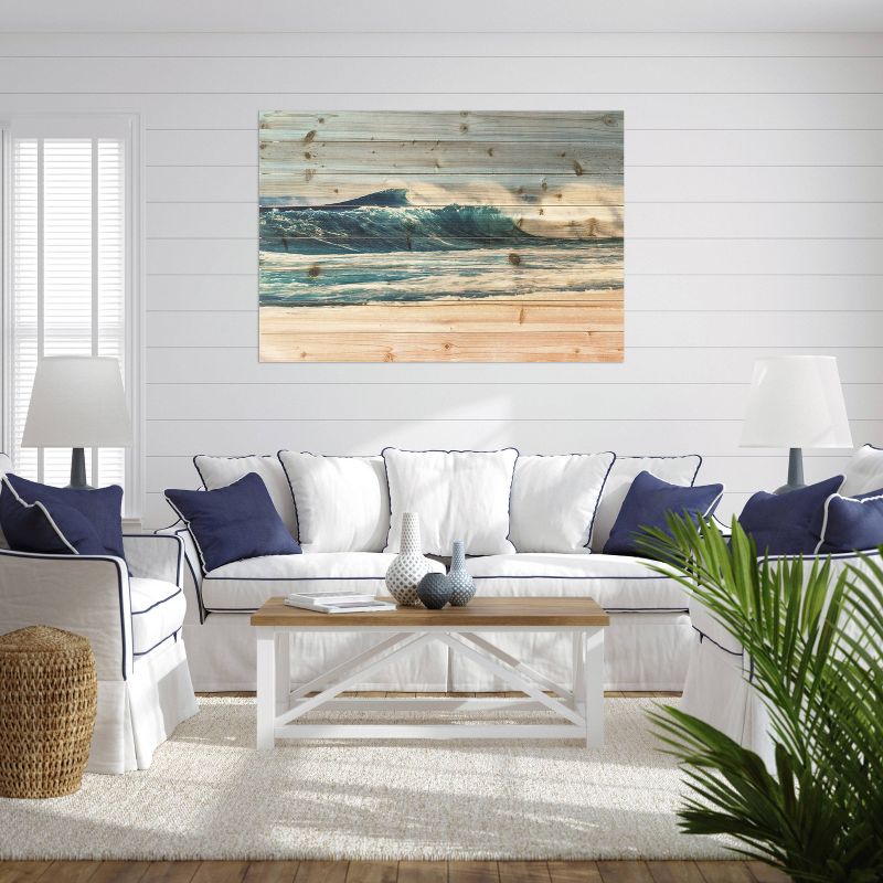 24" x 36" Waves Crashing Print on Planked Wood Wall Sign Panel - Gallery 57
