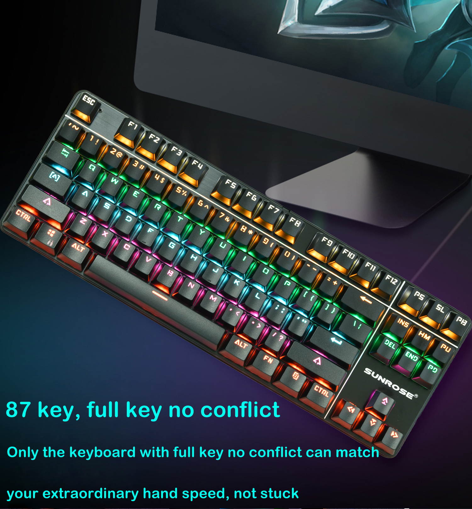 Mechanical Gaming Keyboard 87 Keys Small Compact Rainbow Backlit Spill-Resistant Keyboard USB Wired for PC Laptop Desktop Computer