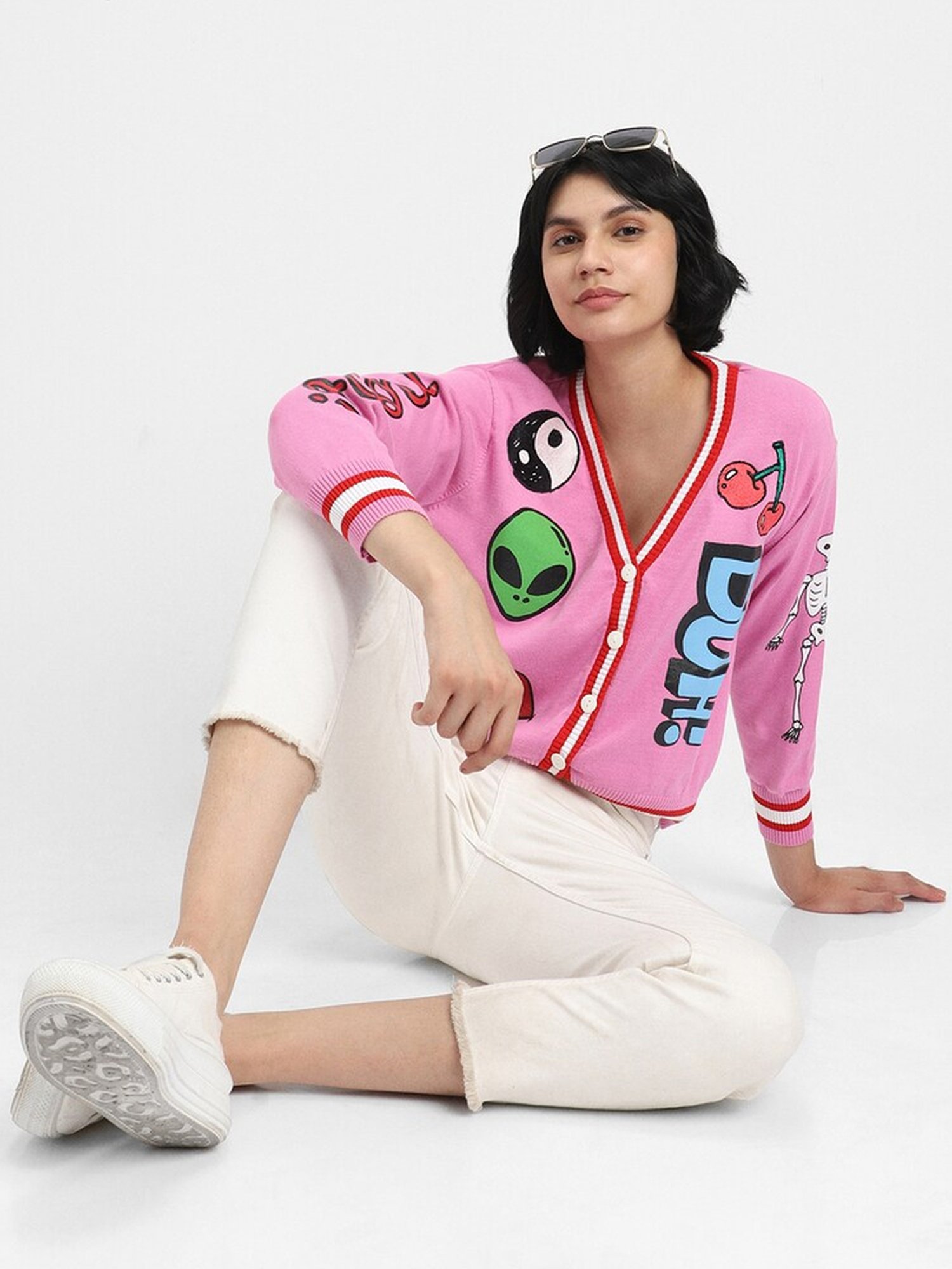 Forever 21 Pink Cotton Printed Cardigan