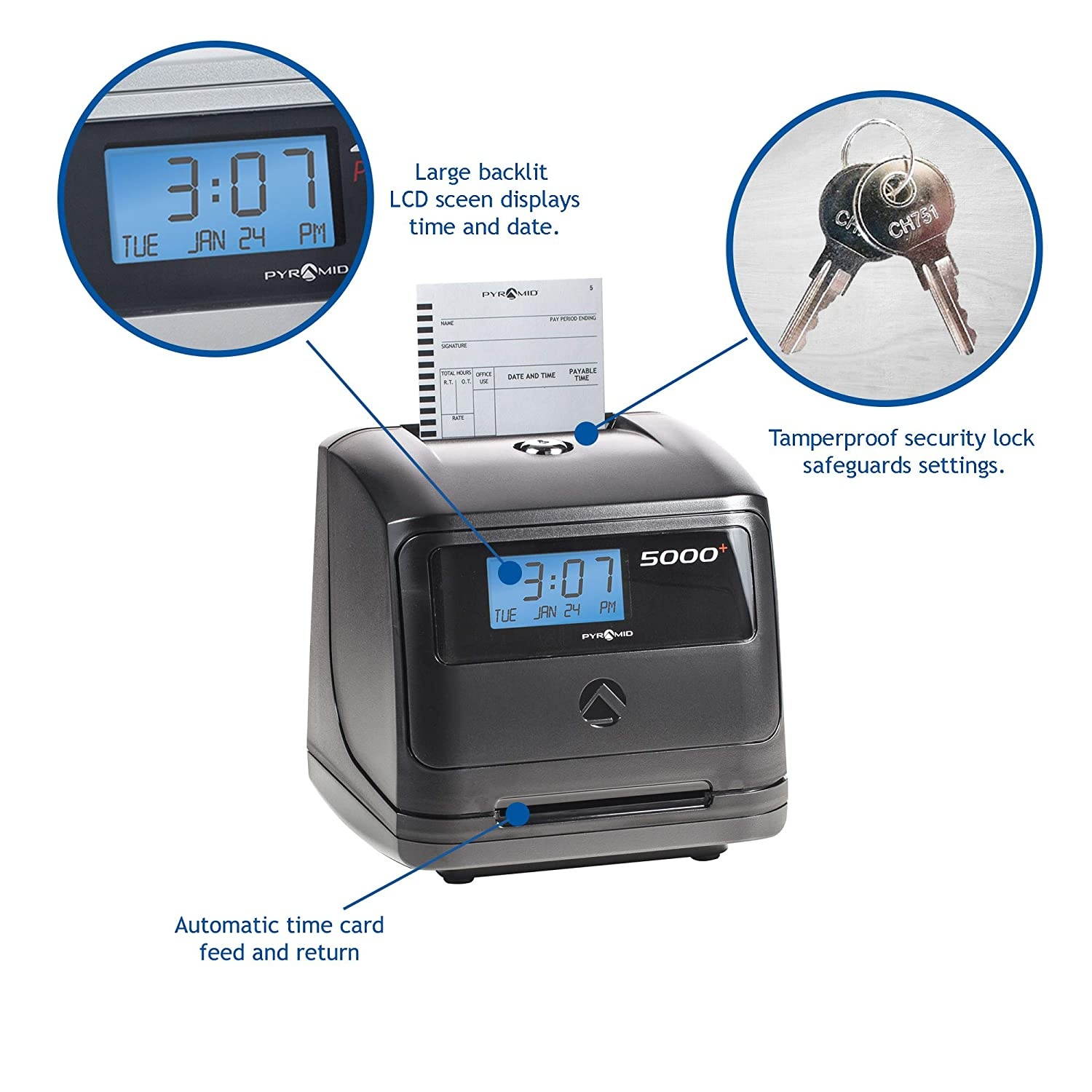 Pyramid Time Systems, Model 5000 Auto Totaling Time Clock, Handles up to 100 Employees, Automatically calculates Worked time Between Punches and accumulates Worked Hours per Pay Period, Made in USA