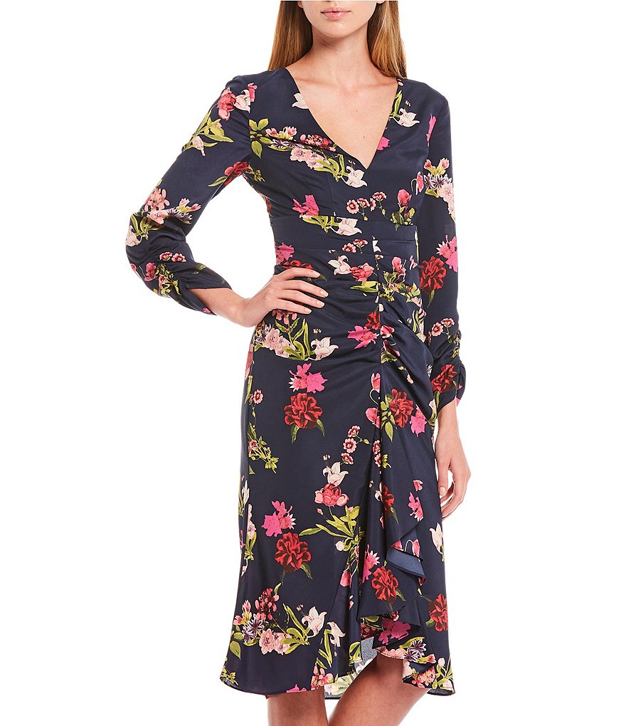 Eliza J Ruffle Front Floral Crepe de Chine V-Neck Long Sleeve Tulip Midi Dress