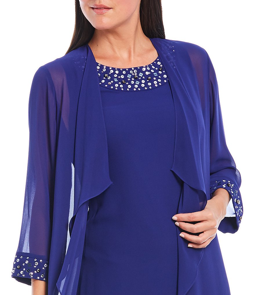 Kay Unger Long Bishop Sleeve V-Neck Crepe A-Line Dress