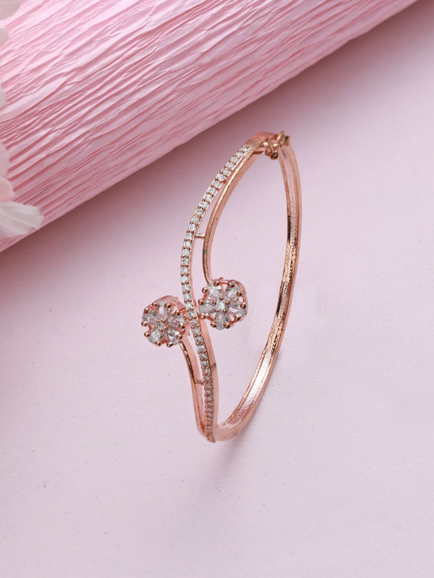 Aatmana Rose Gold-Plated American Diamond Studded Floral Handcrafted Bangle-Style Bracelet