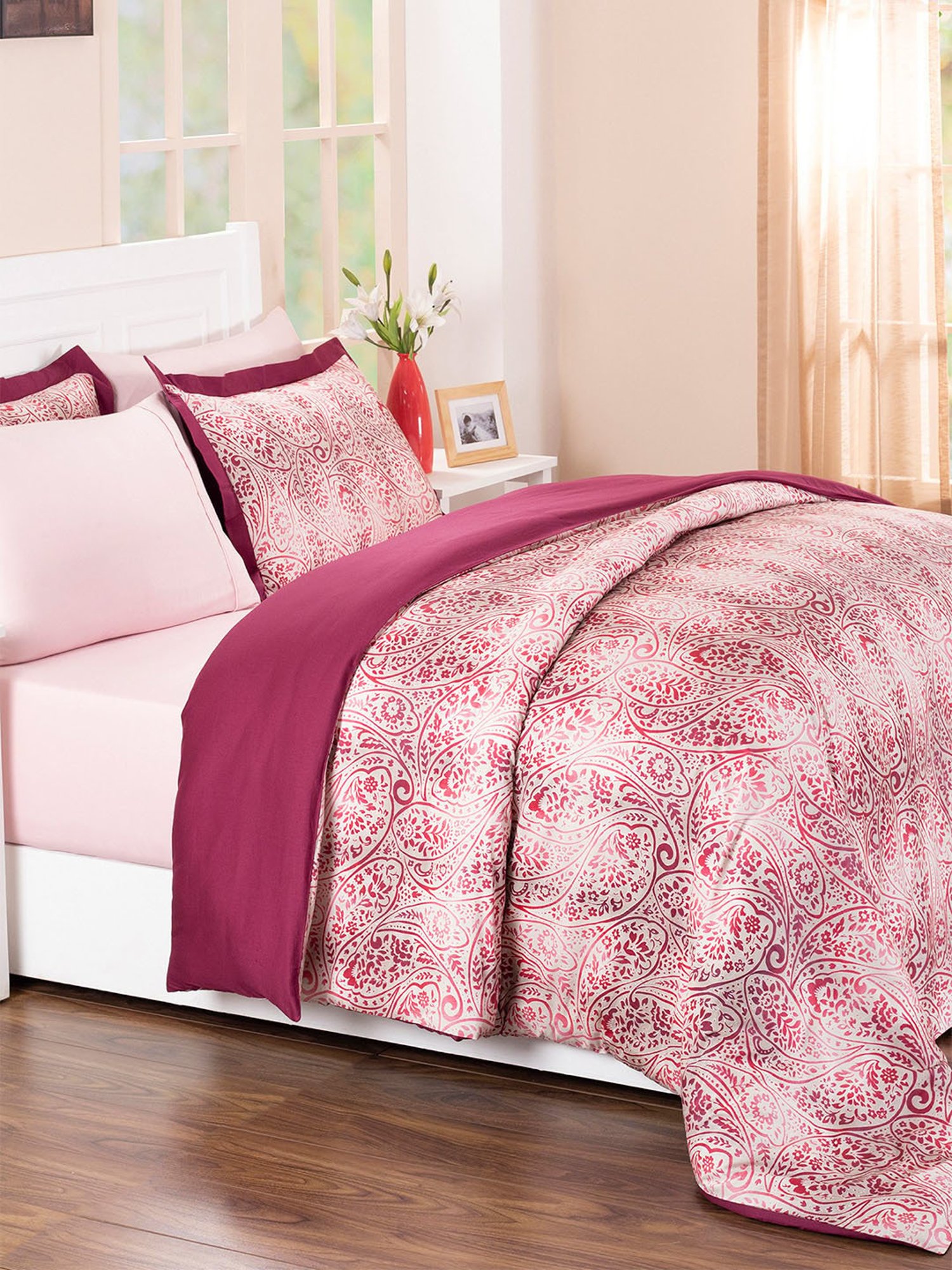 Maspar Printed Red 210 TC Cotton Duvet Cover with 2 Pillow Case