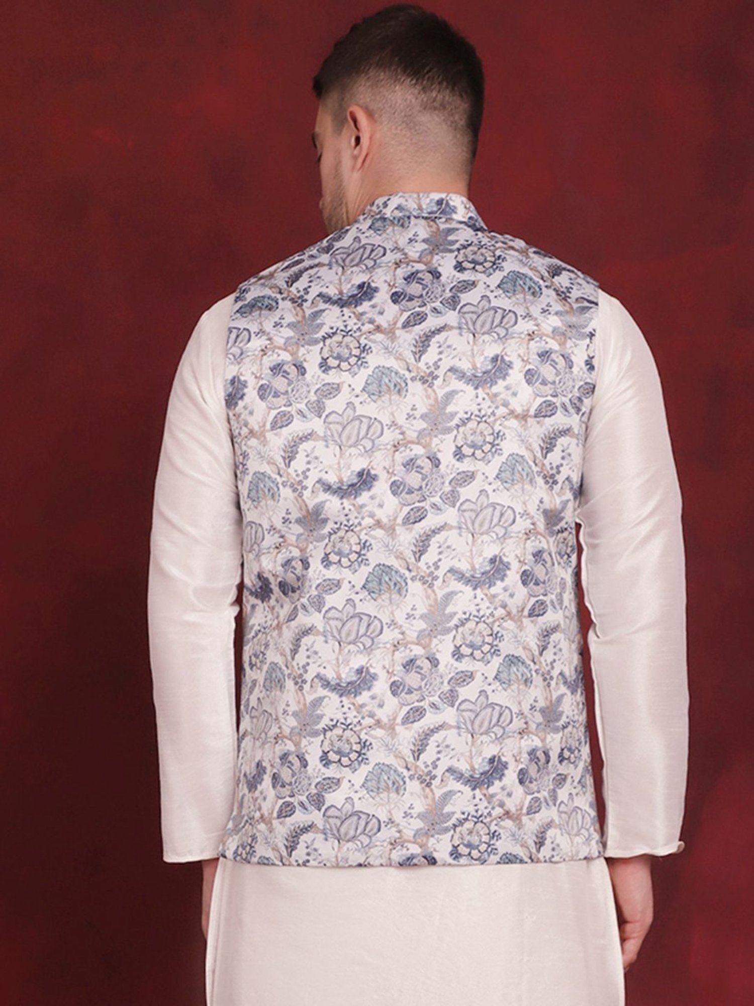 Jompers White Regular Fit Printed Nehru Jacket