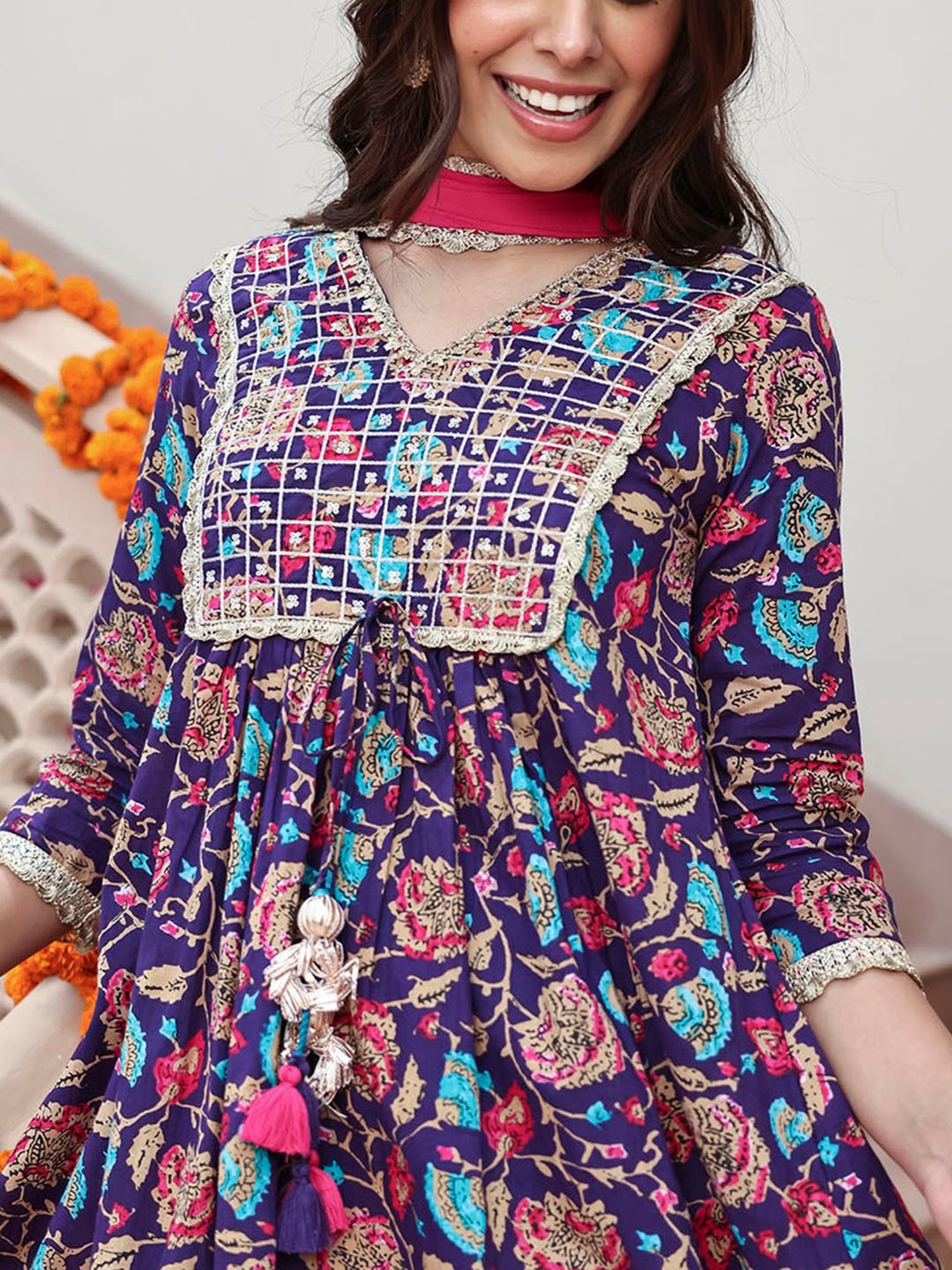 Janasya Purple Cotton Printed Kurta With Palazzo & Dupatta