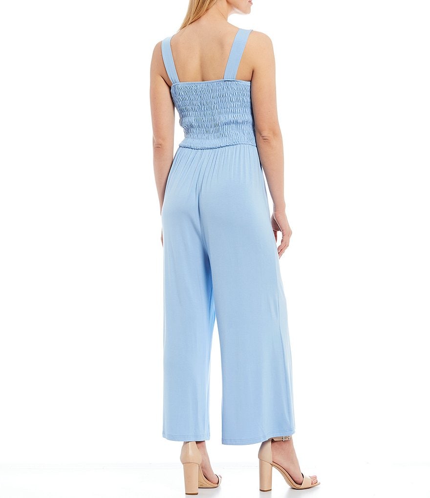 Sugarlips Square Neck Sleeveless Wide-Leg Jersey Knit Smocking Jumpsuit