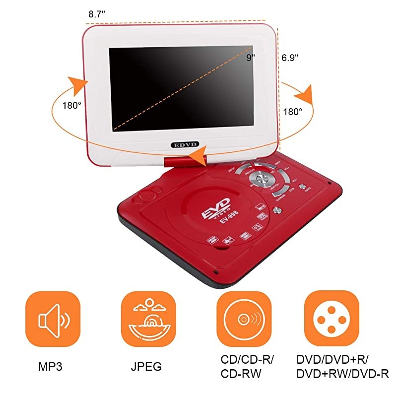 98 Portable DVD Player Supports SD CardUSB PortCDDVD Rede Controller2 Hour Rechargeable Battery 9 EyeProtective Screen Support AVinOutRegion Free Red