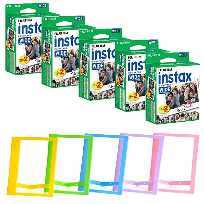 INSTAX Wide Instant Film + Plastic Photo Frames (Blue, Green, Pink, Yellow & Purple &ndash; Deluxe Bundle (100 Film)