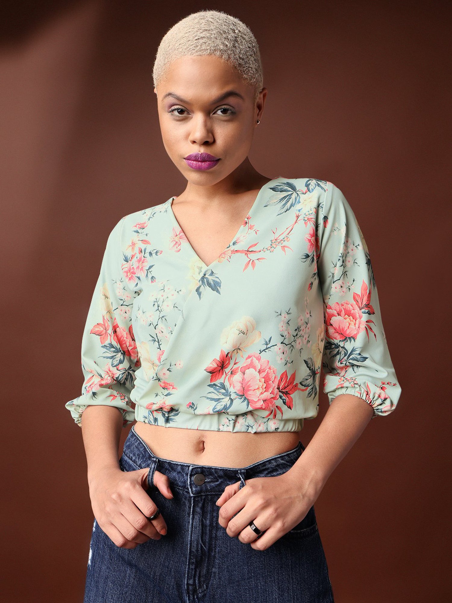 PURVAJA Light Green Floral Print Crop Top