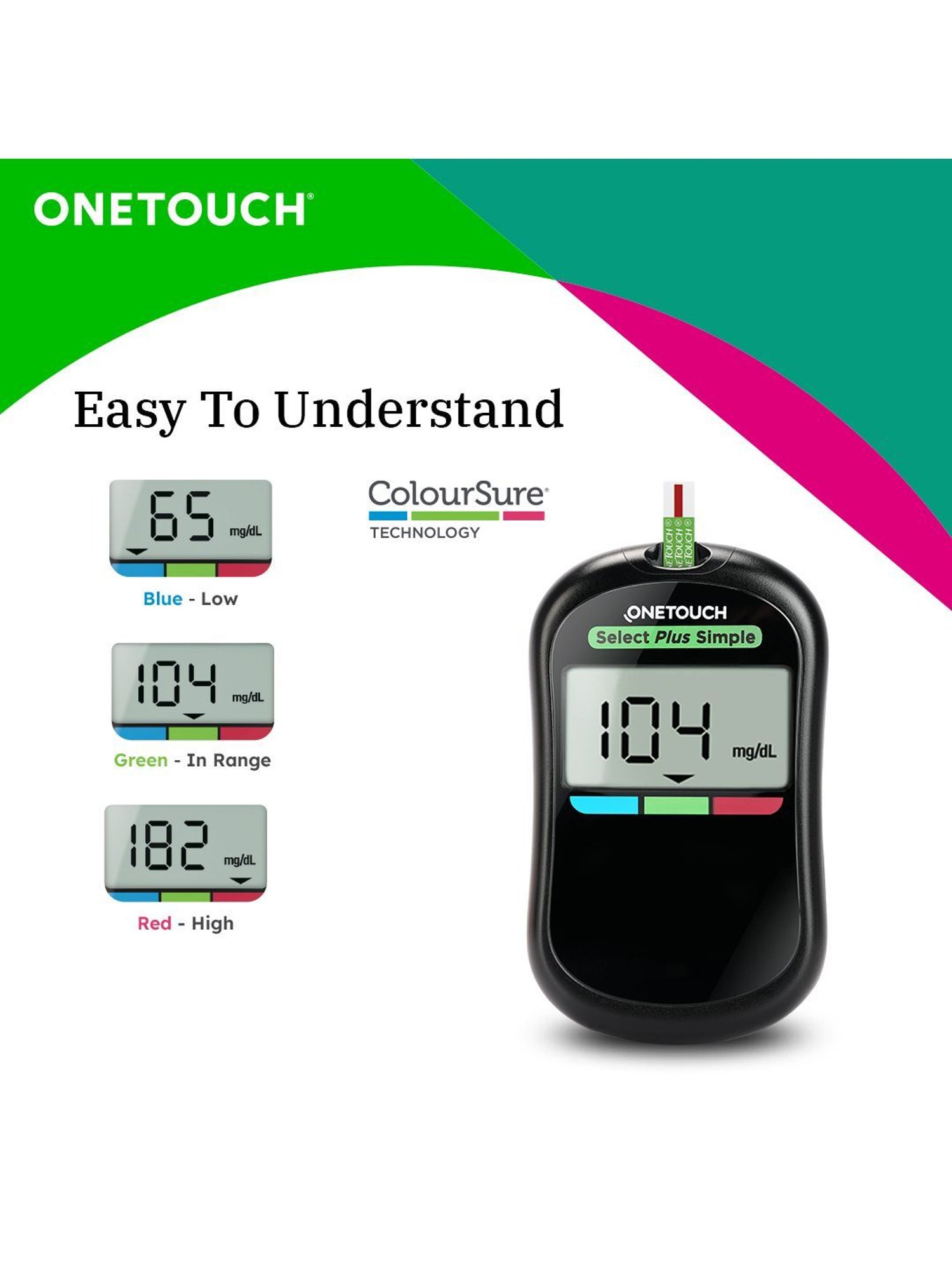 OneTouch Select Plus Simple glucometer | FREE 10 Test Strips + 10 Lancets + 1 Lancing device