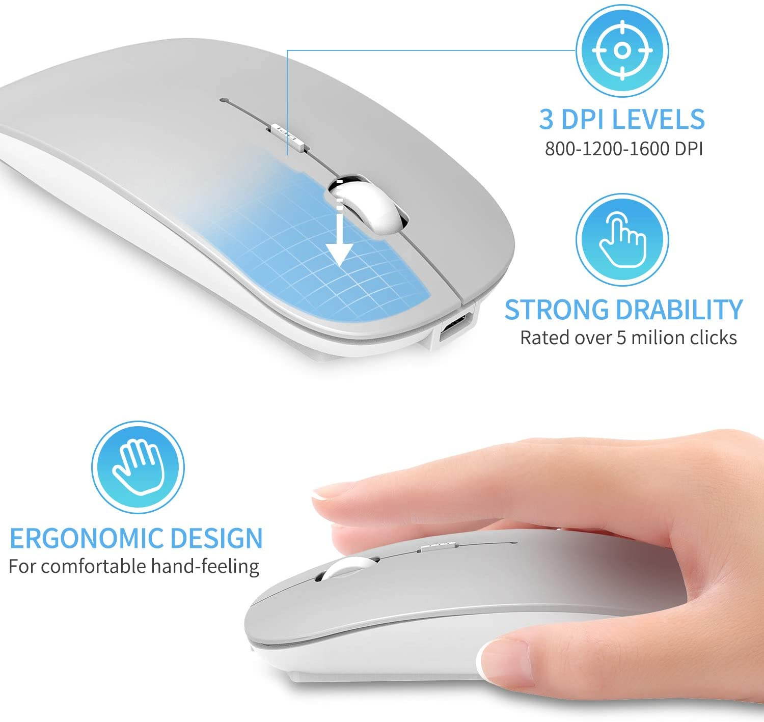 2.4GHz Wireless Bluetooth Mouse, 3 Adjustable DPI, Dual Mode Slim Rechargeable Wireless Mouse Silent USB Mice,Compatible for Laptop Windows Mac Android MAC PC Computer (Silver)