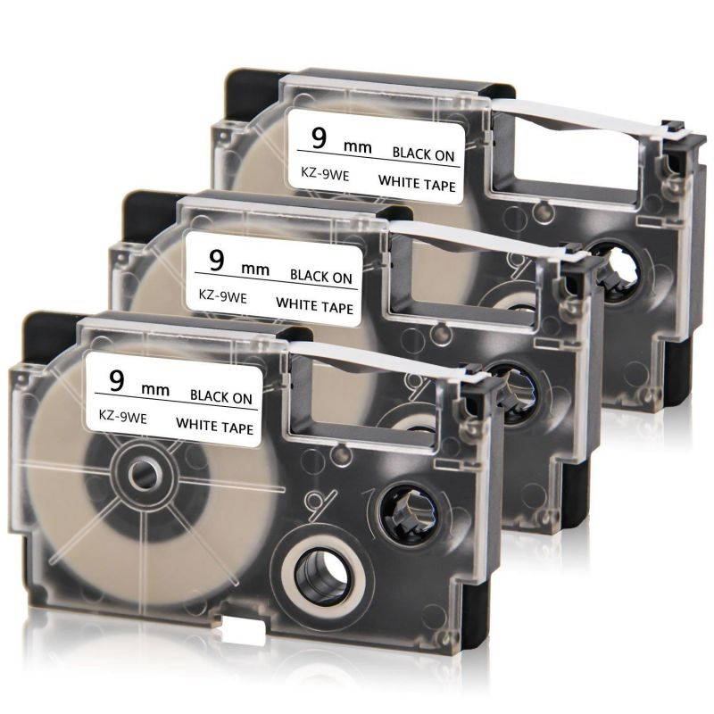 Absonic Compatible Casio XR-9WE XR-9WE2S Label Tape Cassettes for Casio KL120 KL60 KL100 KL750 KL780 KL7000 EZ-Label Makers, (3/8" x 26', 9mm x 8m, Black on White) - 3 Pack
