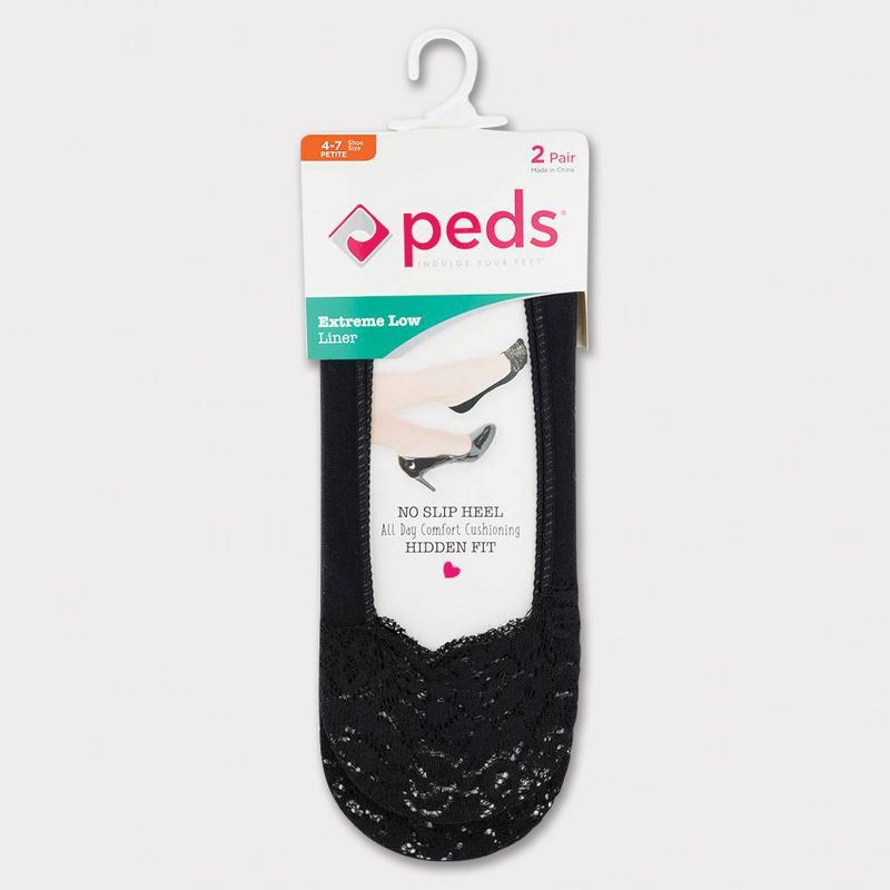 Peds Women's Lace Top Extreme Low 2pk Liner Socks - Black 5-10