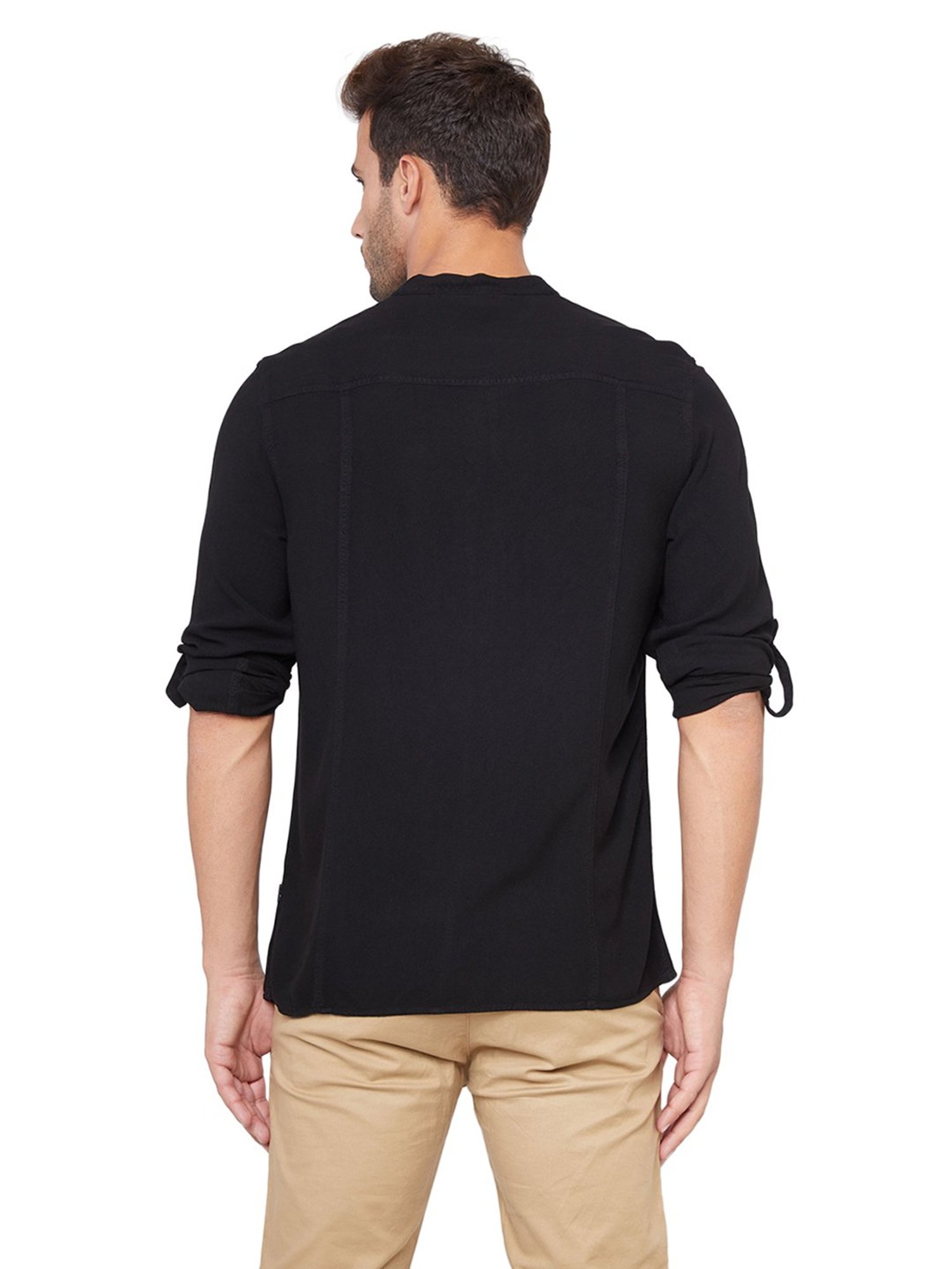 Identiti Black Full Sleeves Solid Slim Fit Short Kurta