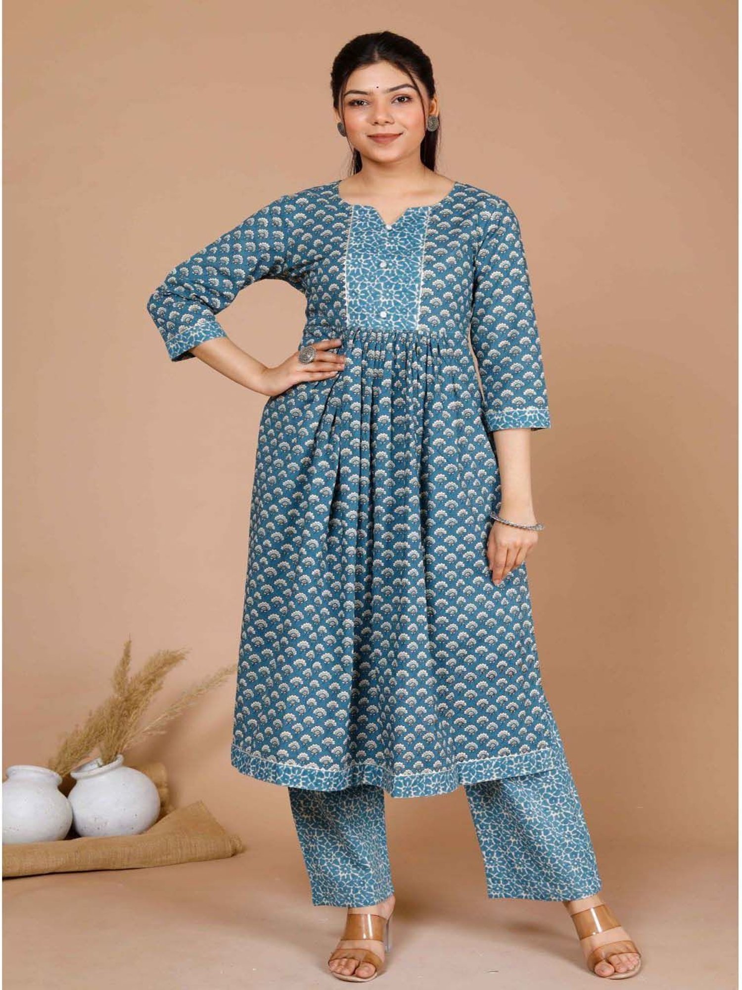 Miravan Blue Cotton Printed Kurta Pant Set