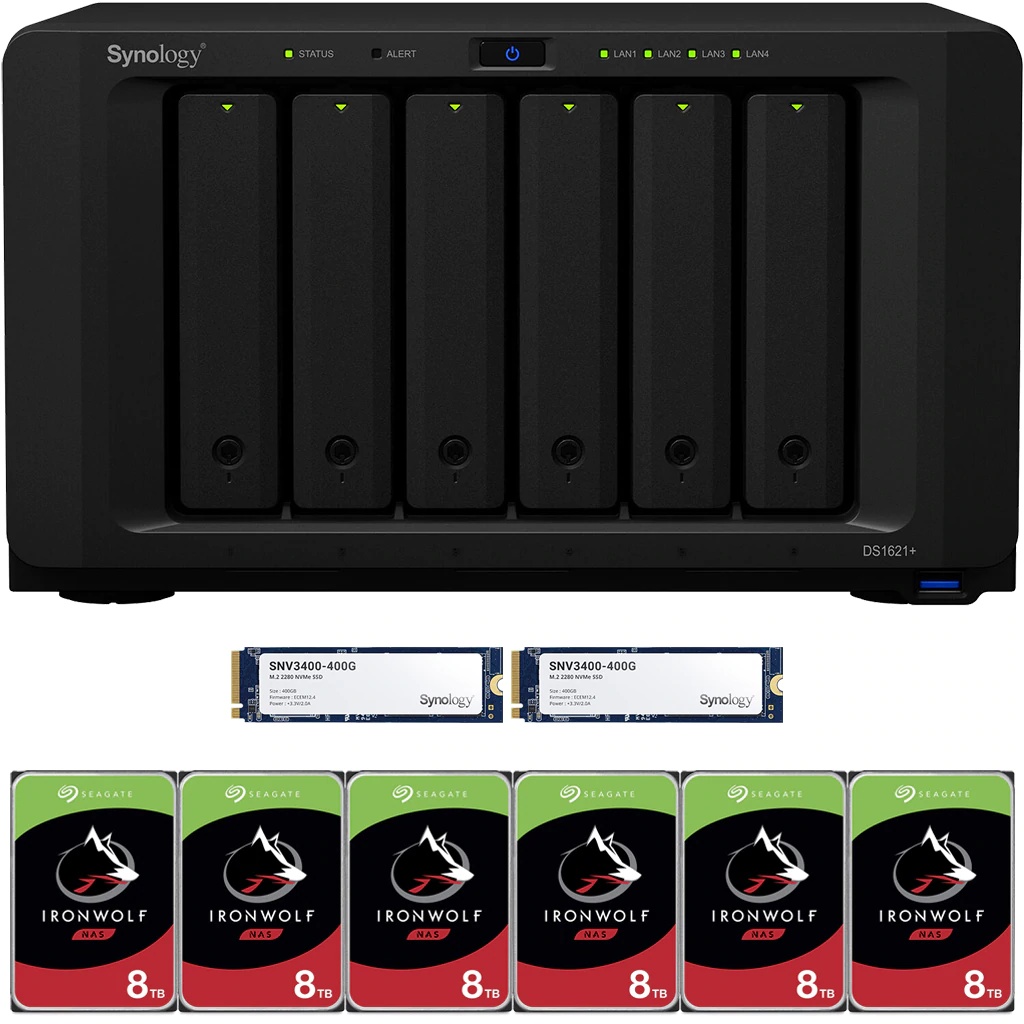 Synology DS1621+ DiskStation with 8GB RAM and 12TB (6 x 2TB) of Seagate Ironwolf NAS Drives and 800GB (2x400GB) NVME Cache Fully Assembled and Tested By CustomTechSales