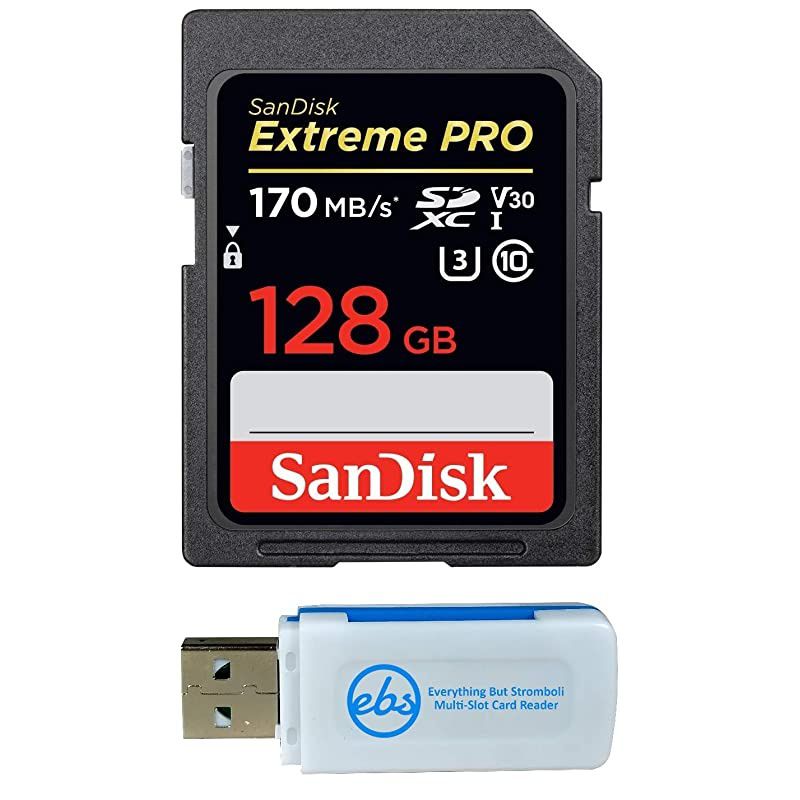 128GB SDXC Extreme Pro Memory Card Bundle Works with Sony Alpha a5000 a5100 a6300 a6500 Mirrorless Camera 4K V30 SDSDXXY128GGN4IN with Everything But Stromboli TM Combo Card Reader