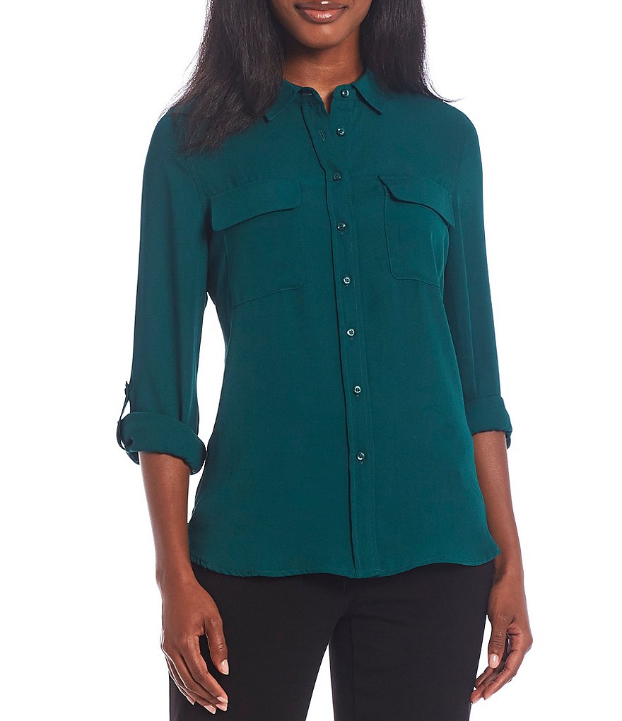 Tommy Hilfiger V-Neck Long Sleeve Printed Button Front Blouse