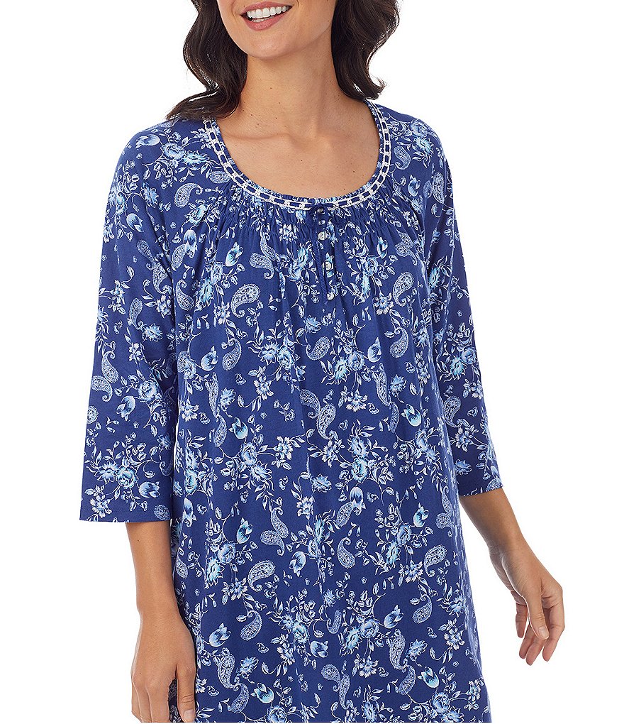 Carole Hochman Paisley & Floral Print Jersey Knit Scoop Neck 3/4 Sleeve Waltz Nightgown