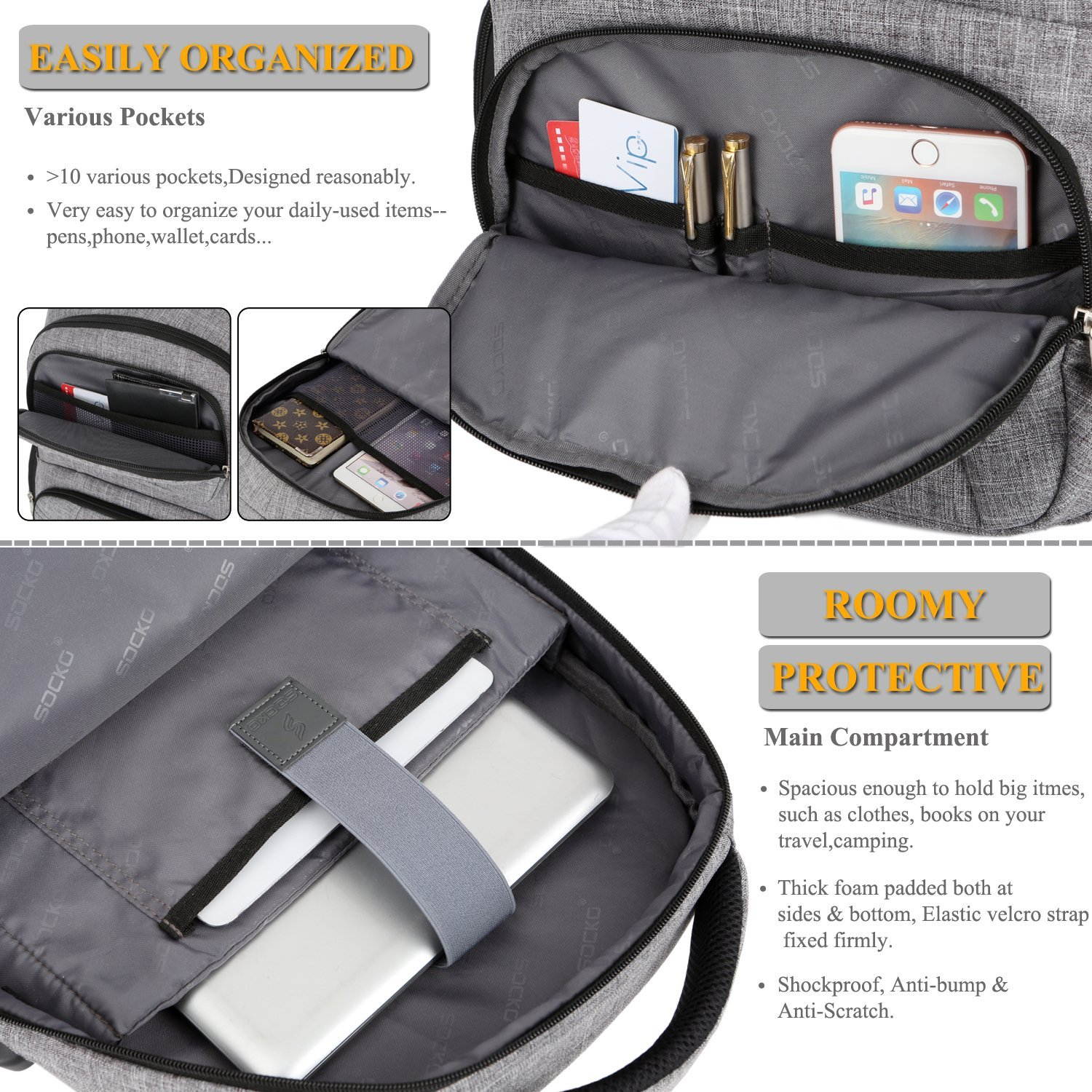 Jansicotek SOCKO 17.3 Inch Shockproof Laptop Backpack with USB Port / Roomy Lightweight Water Resistant Business Travel Bag / Multi-functional Casual Daypack Bookbag School Bag College Back Pack,Gray