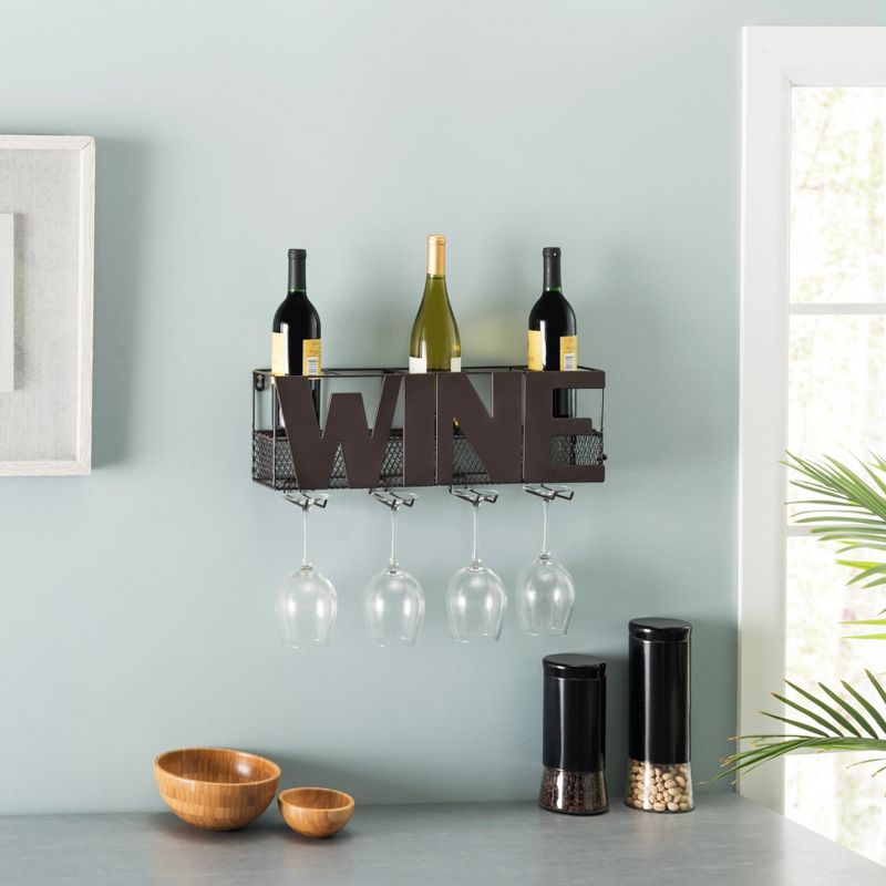 Metal Wall Mount Wine Bottle and Long Stem Glass Rack Brown - Danya B.