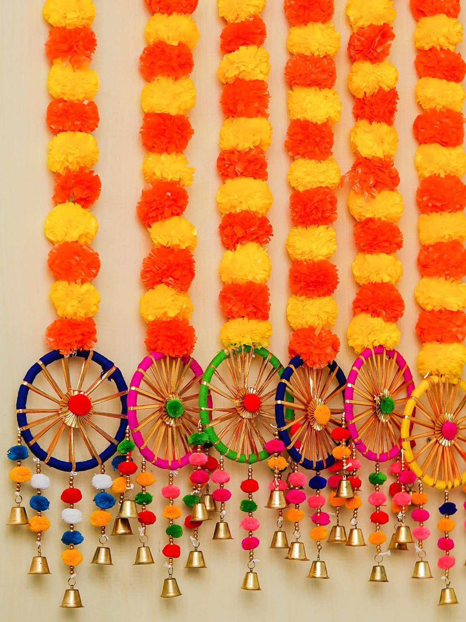 eCraftIndia Artificial Marigold Flowers Hangings with Bangles Ringing Bells (Pack of 4)