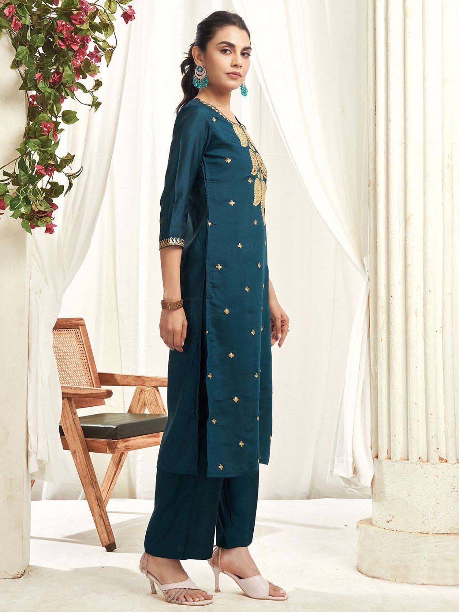 Skylee Blue Embroidered Kurta Palazzo Set With Dupatta