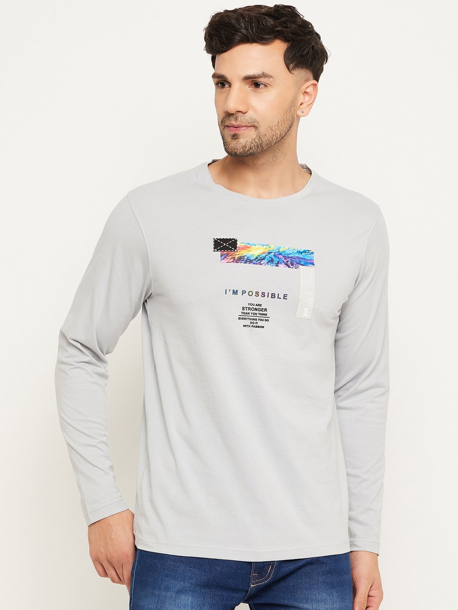 Club York Grey Melange Regular Fit Printed Crew T-Shirt