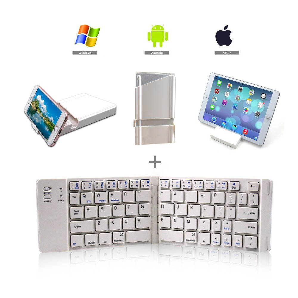 FK228 Folding Bluetooth Wireless Keyboard Rechargeable Keyboard Mini Slim Keypad with Mobile Holder for IOS/Android/Windows Tablet/Laptop
