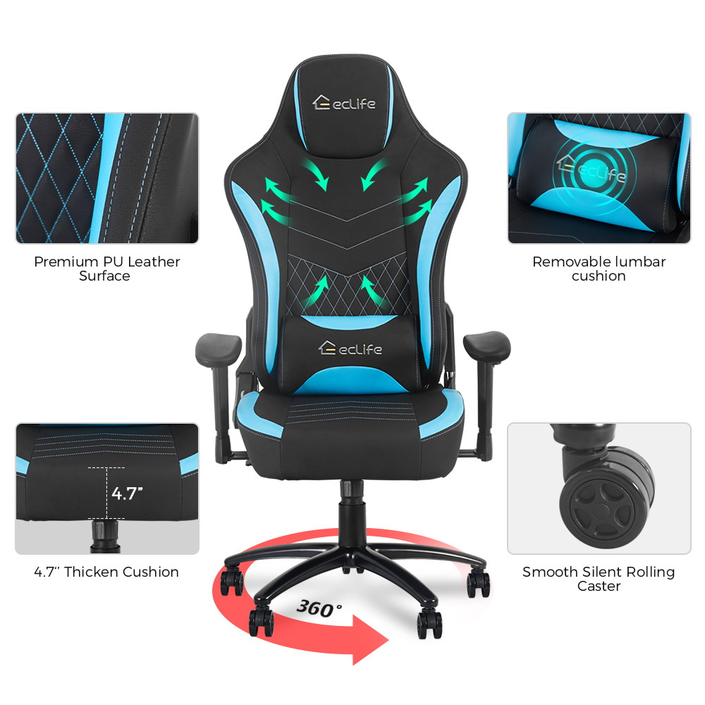 Ergonomic Racing Style Gaming Chair LUCKWIND Racing Chair
Massage Gaming Chair Office Chair Height Adjustment Recliner Swivel Rocker With USB Massage Lumbar Pad E-Sports Chair