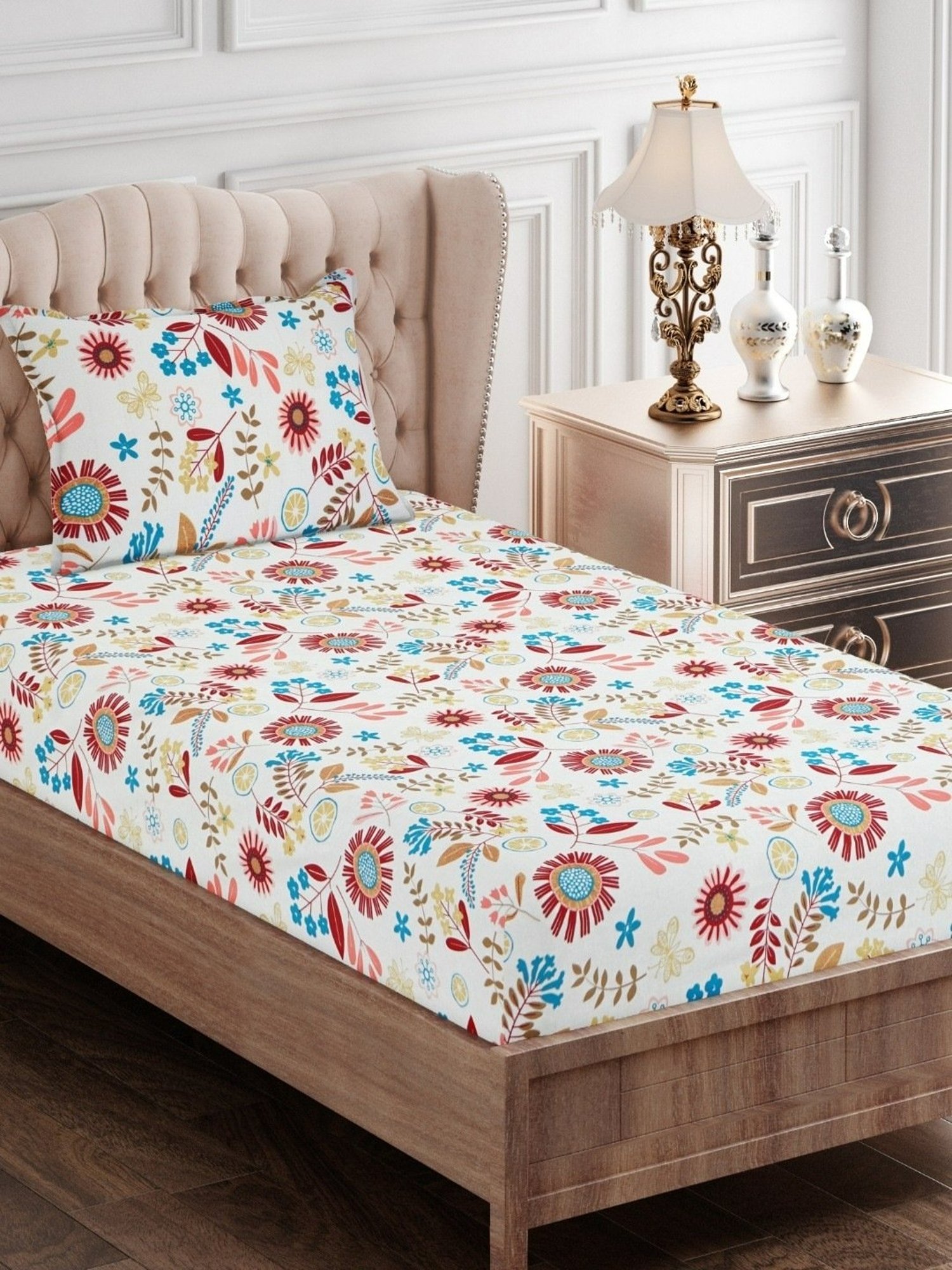 SEJ by Nisha Gupta Floral Maroon 144 TC Cotton Single Bed Sheet with 1 Pillow Cover