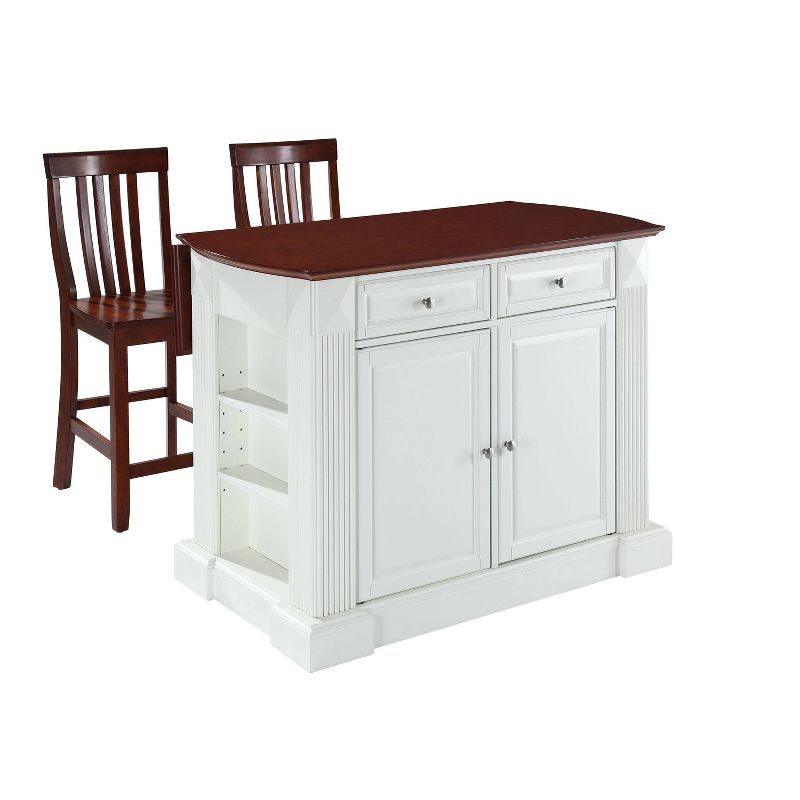 Coventry Drop Leaf Top Kitchen Island with 2 School House Stools White - Crosley