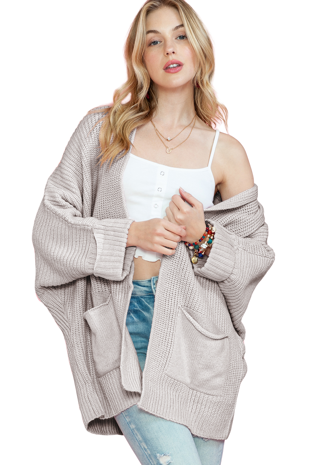 Gray Batwing Sleeve Pocket Oversized Cable Knit Cardigan