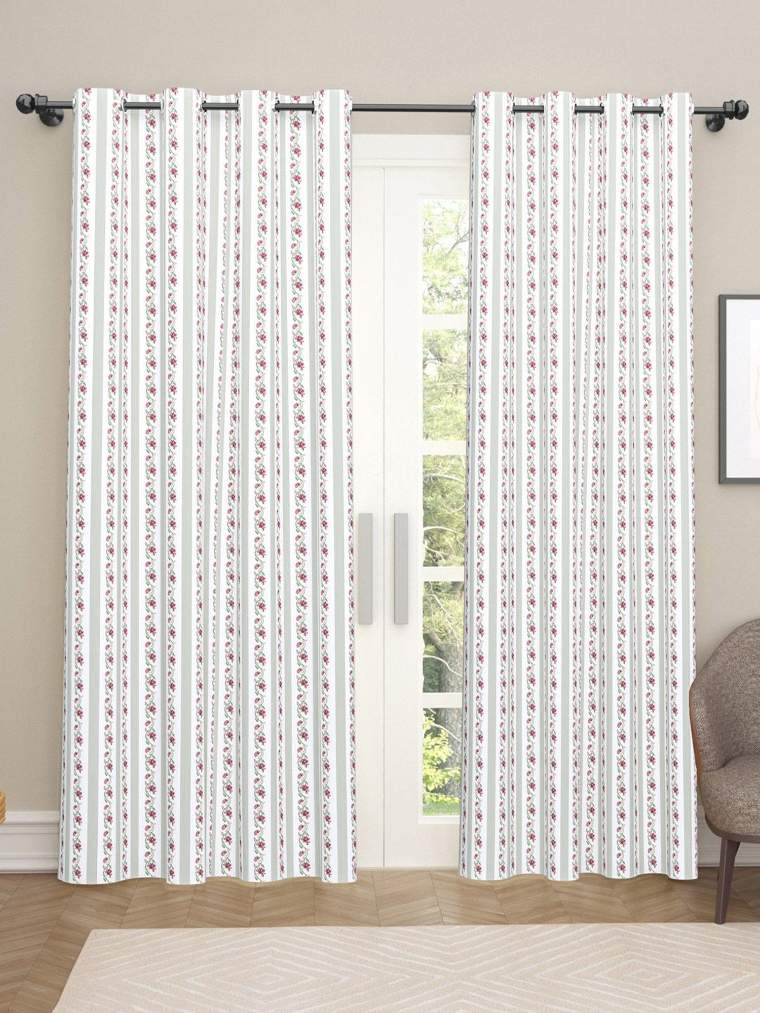 Haus & Kinder Printed Pink Cotton 7 FT Door Curtains - Set of 2