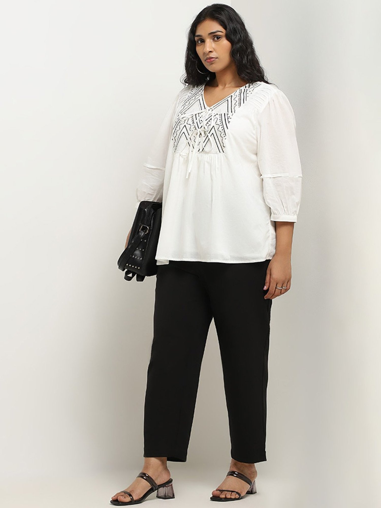 Gia by Westside White Chevron-Detailed Cotton Blouse